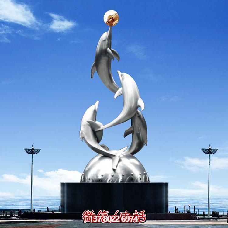 城市廣場不銹鋼海豚雕塑擺件，鏡面制作精美