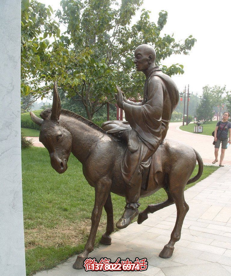 銅雕塑和尚著毛驢騎，精美雕塑，祥和園林