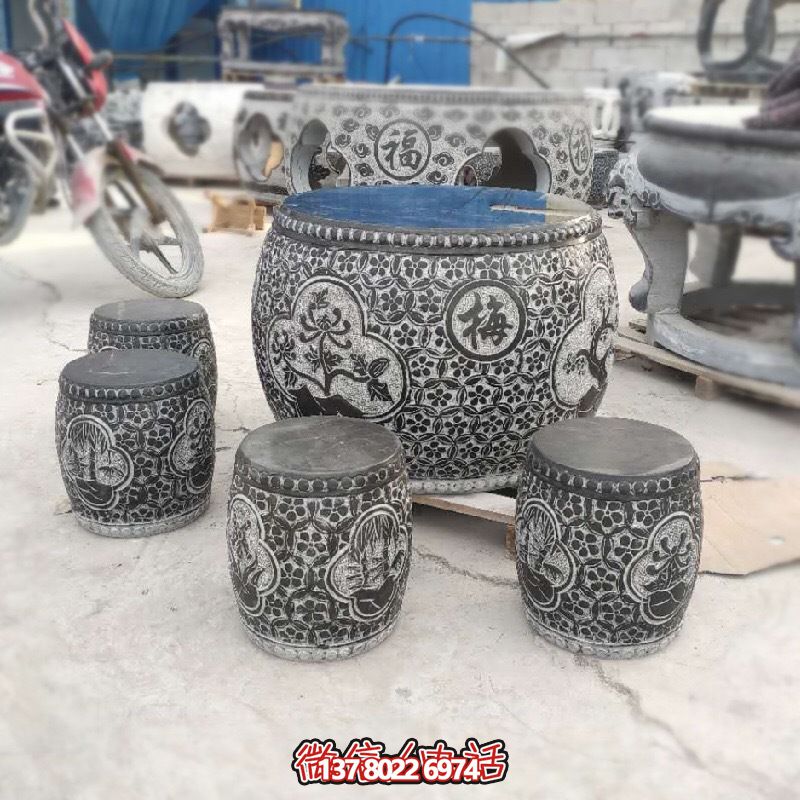 梅蘭菊竹浮雕石桌石凳，休閑庭院圓形裝飾