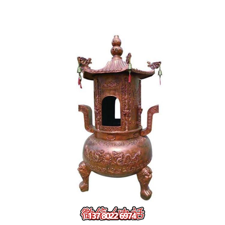 純銅香爐四柱舍利塔，裝飾寺院舍利