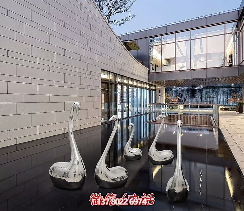 不銹鋼創(chuàng)意天鵝雕塑，鏡面水中裝飾別墅