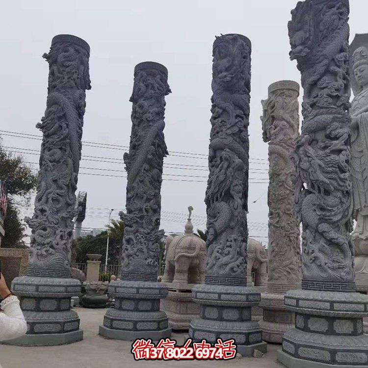 青石浮雕龍柱，精美石雕園林景觀裝飾