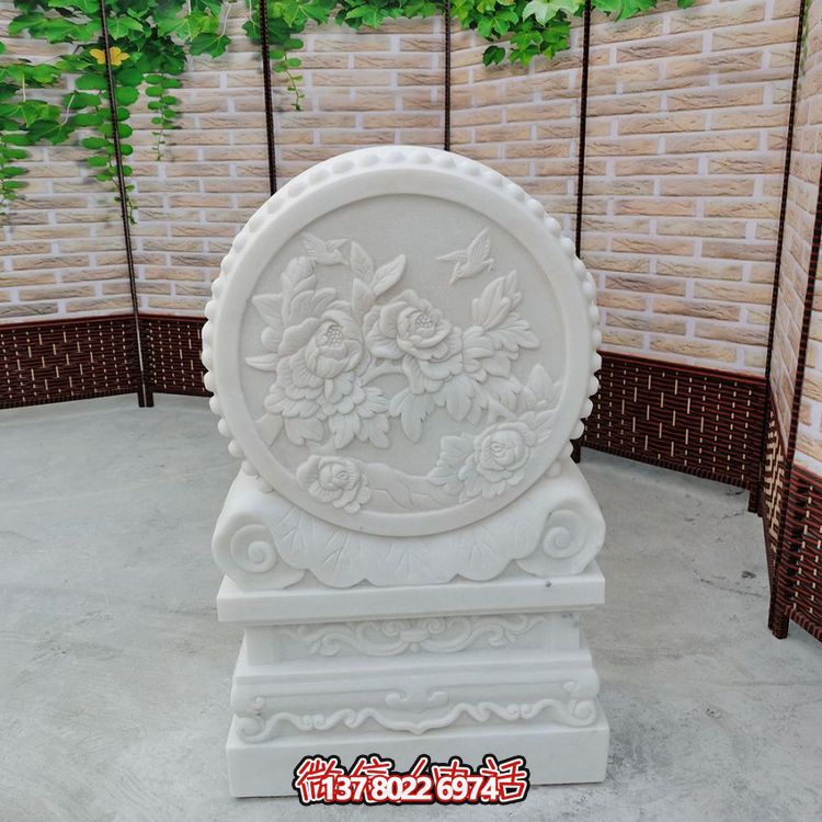 中式風(fēng)格天然漢白玉石雕抱鼓浮雕門墩，花開富貴