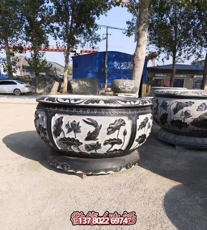 古典仿古石雕魚缸，添點家園庭院荷花水景