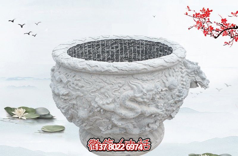 漢白玉石雕龍浮雕水缸雕塑，為庭院增添優(yōu)雅氣息