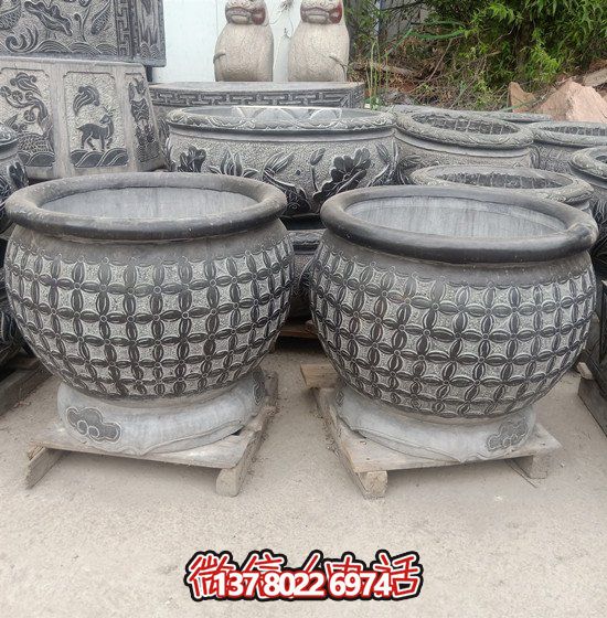 自然美學結(jié)合青石石雕、浮雕、編織、雕塑的戶外園林魚缸