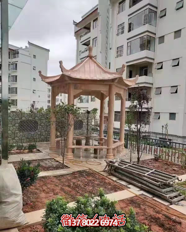 晚霞色石雕大理石涼亭，點(diǎn)綴園林美景