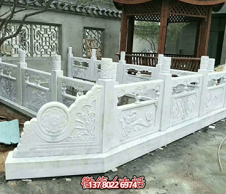 唯美古典庭院，池塘裝飾雕塑，漢白玉欄桿