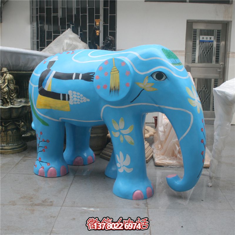 商廈大型景觀玻璃鋼彩繪藍(lán)色大象雕塑
