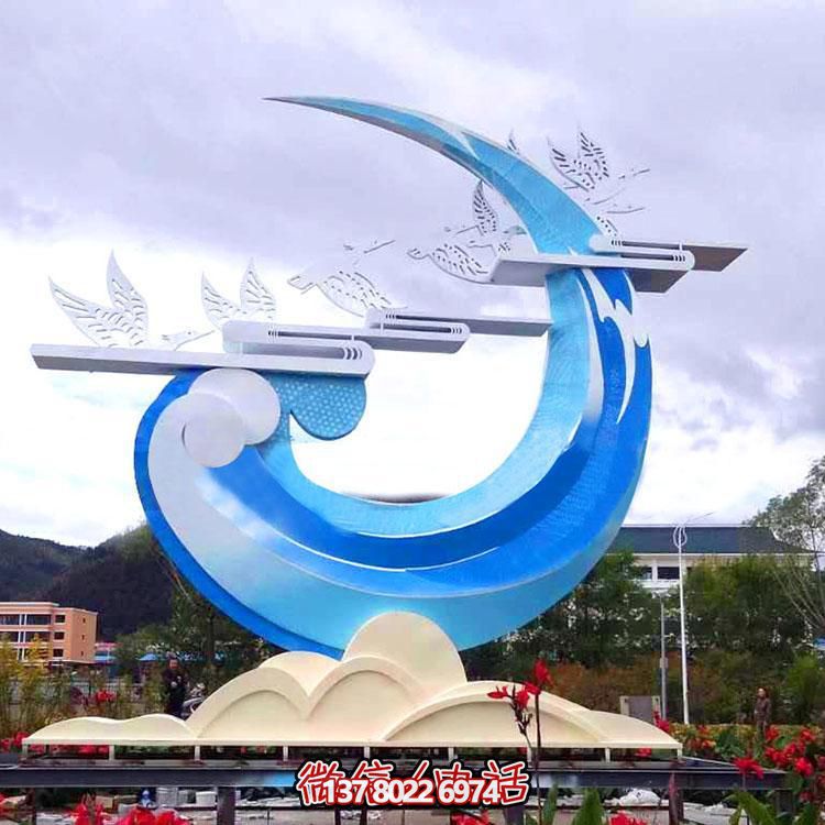 景區(qū)抽象不銹鋼烤漆月亮飛翔的大雁雕塑