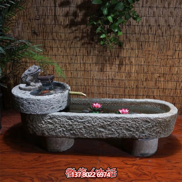 寺院老石缸青石石槽魚(yú)缸石頭花盆竹子流水圓形養(yǎng)荷花池