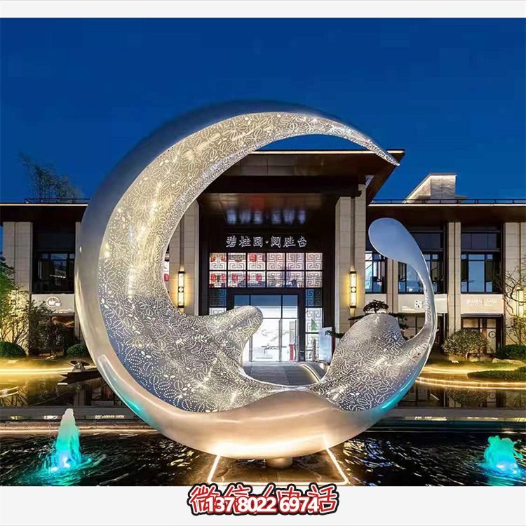 不銹鋼月亮水滴雕塑，透光水景裝飾雕塑